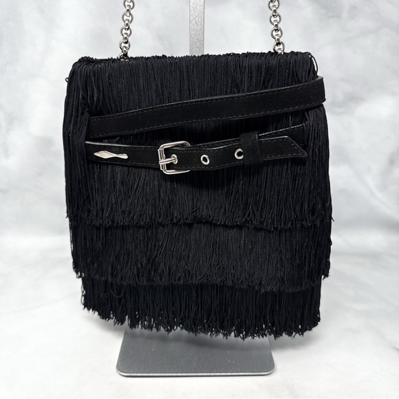 Christian Louboutin Handbags - Christian Louboutin Belted Fringe Suede Crossbody Bucket Bag Chain Strap Black